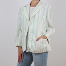 Cargar imagen en el visor de la galería, Chaqueta tipo Blazer de rayas color azul y beige con hombreras, mangas anchas, talla M, 44% lino 54% viscosa de Vestilinea
