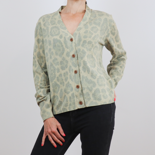 Chaqueta de punto tonos verdes estampado Animal Print botones marrones talla M/L de Lan Andrius