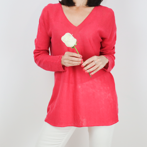 Jersey de lino largo cuello de pico color fucsia talla S de Bimba y Lola