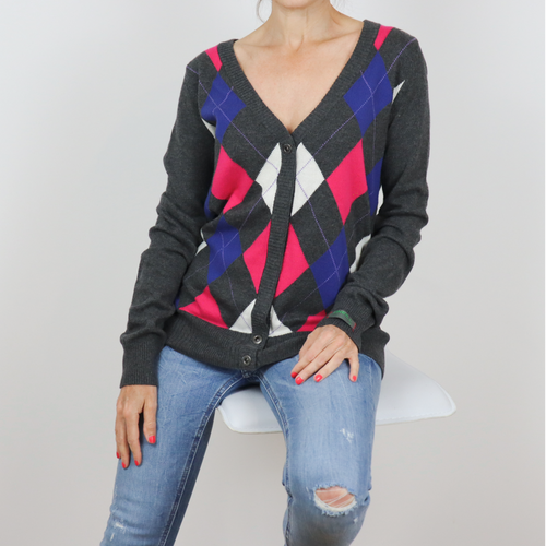 Chaqueta de punto color gris de rombos varios colores (azul, fucsia y blanco) talla L de O´Neill