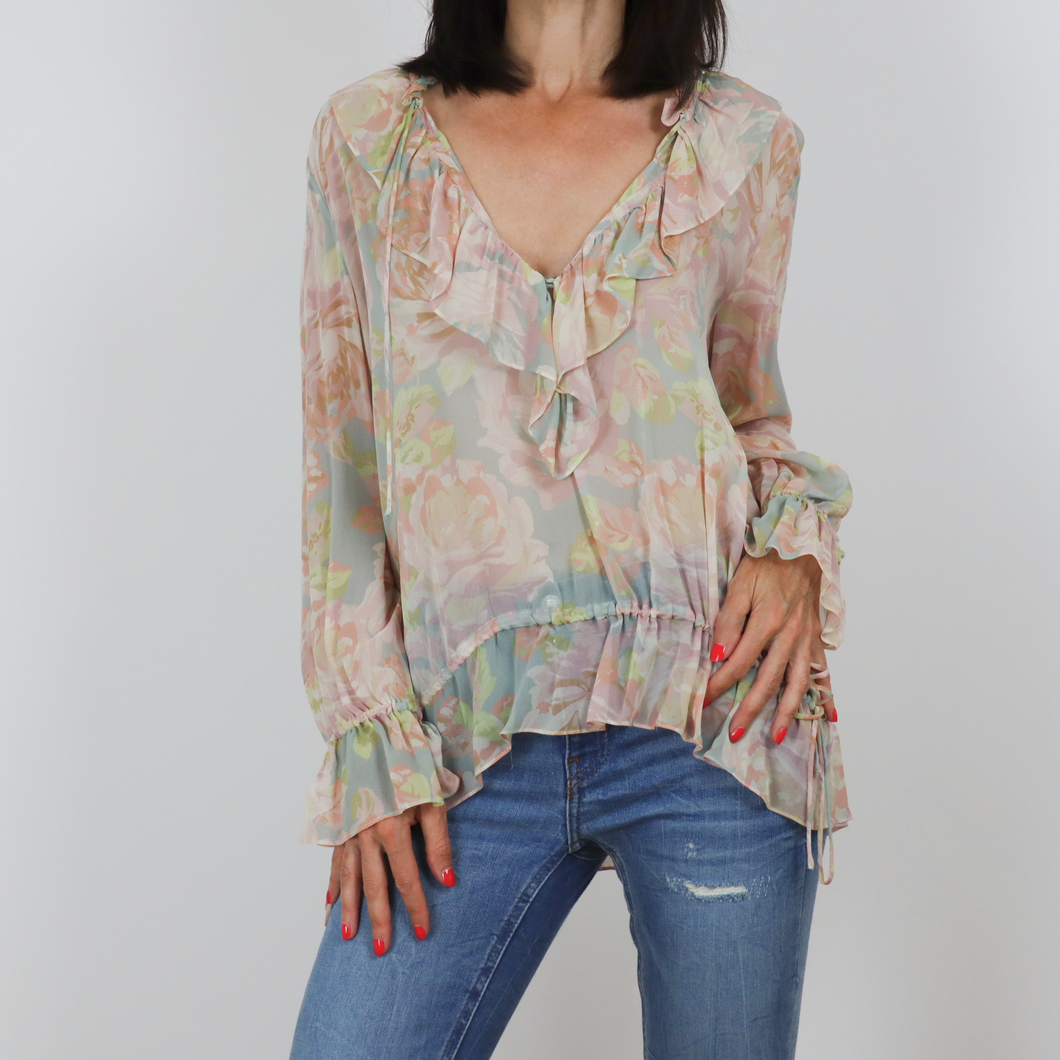 Camisa estampado de flores con cuello de volantes, tonos pastel talla S de Zara