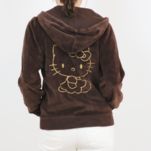 Cargar imagen en el visor de la galería, Sudadera tacto suave color marrón con cremallera y capucha, bordado dorado Hello Kitty en espalda, 80 % algodón 20 % poliester, talla S de Hello Kitty Sanrio
