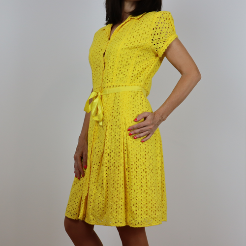 Vestido de manga corta de encaje color amarillo, largo por encima de la rodilla, cinturón de lazo amarillo, 100% algodón, talla 40 (M) de Tanna