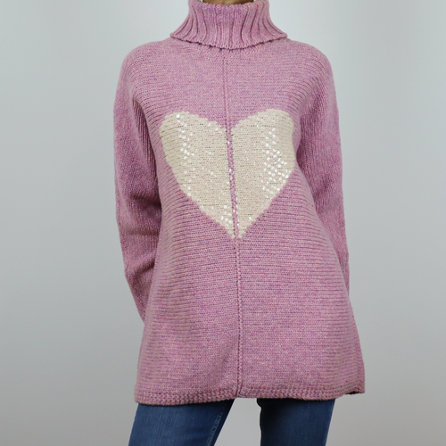 Jersey de cuello alto color rosa con corazón blanco talla S de Escada Sport, 95% lana 5% poliamida