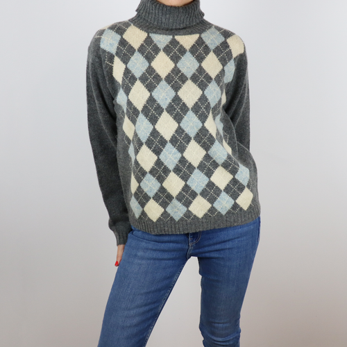 Jersey de cuello alto de rombos color gris, azul claro y crema, talla S, 100 % lana de Don Algodón.
