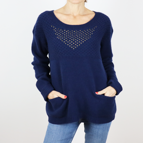 Jersey de lana azul marino con bolsillos, detalle de tachuelas en el pecho, talla M/L de Kookaï