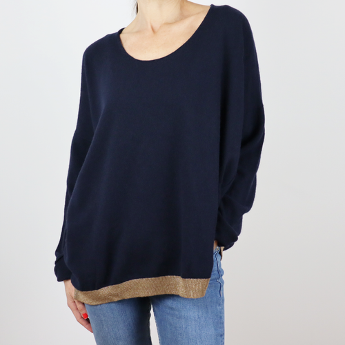 Jersey de lana azul marino con detalle dorado, talla M/L, 40% lana 30% viscosa 29% poliamida 10% cachemira 1% poliester, de ese O ese