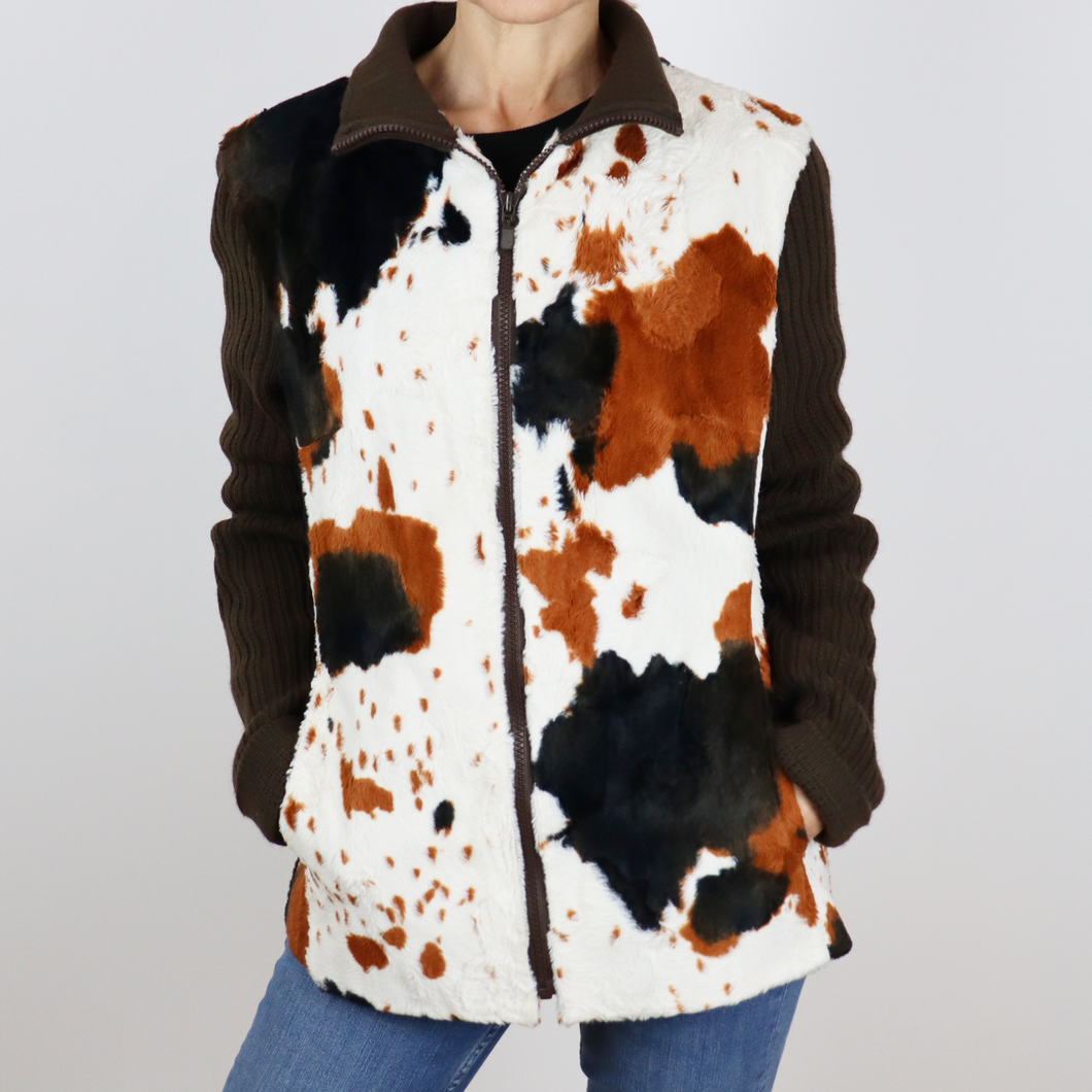 Chaqueta de punto color marrón con estampado animalprint vaca, cierre con cremallera talla 40, 67% algodón 33% viscosa de Hermes Govantes