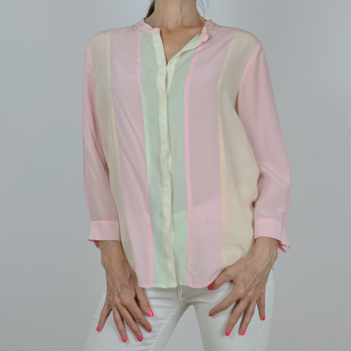 Camisa de rayas en tonos pastel, espalda lisa en rosa, talla M, 100% seda de Masscob