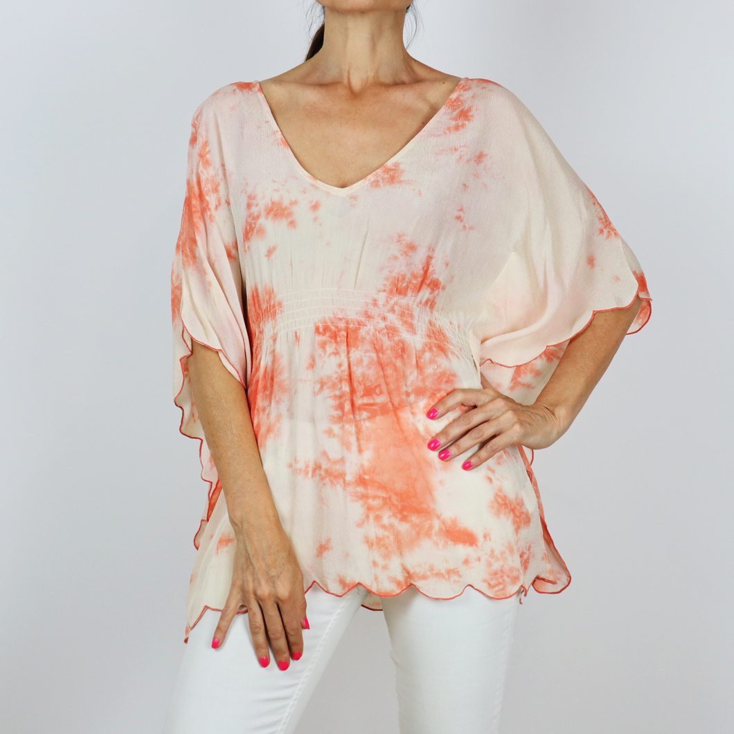 Blusa manga murciélago estampada color naranja fruncida a la cintura, talla S, 100% viscosa de Cool Happy ¡Sin estrenar!